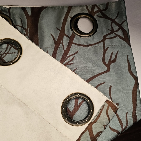 Two panels teal brown tafetta 8 bronze grommet short drapes 54x65 inches - Picture 5 of 5